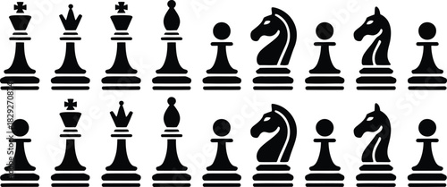 Classic black chess pieces arranged in two neat rows against a clean white background for strategic games