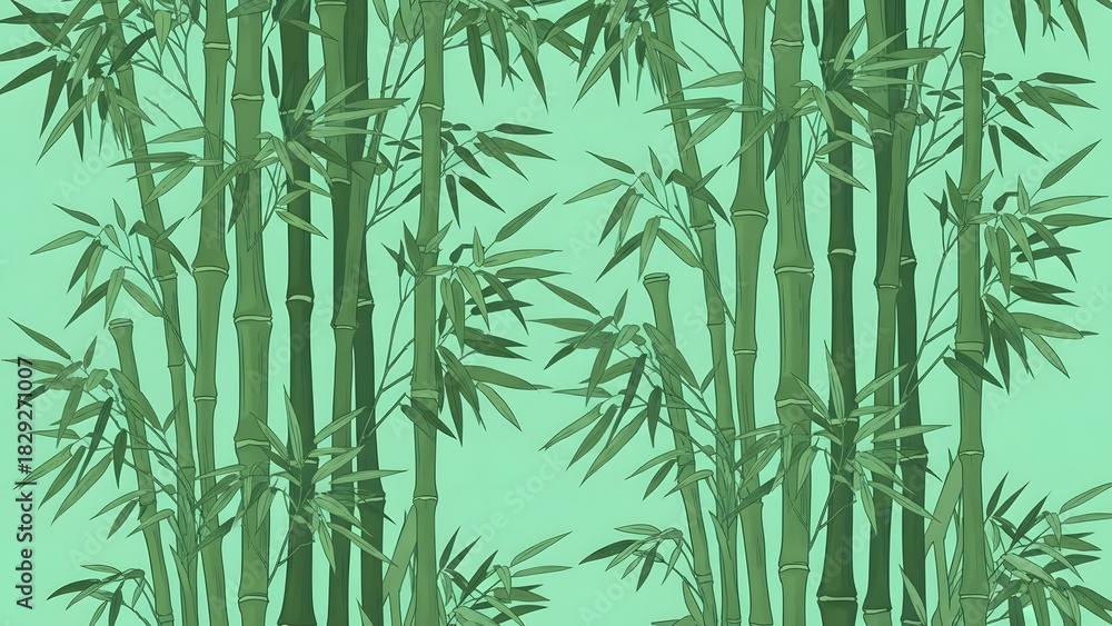 Fototapeta premium Lush green bamboo forest grove with leaves on a seamless pattern background illustration