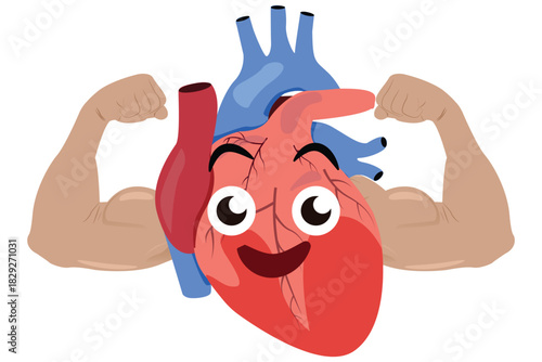 Cute strong heart character flexing muscular arms promoting health and fitness. eps 10