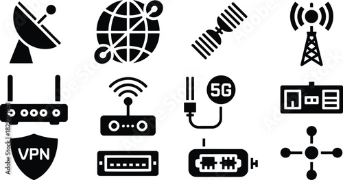 Collection of communication and networking technology icons including satellite and wireless devices