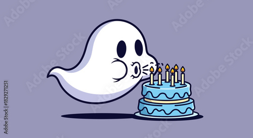 Spooky cute ghost blowing out birthday cake candles in a fun cartoon style, perfect for Halloween celebrations and birthday wishes