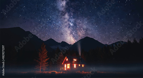 Cozy cabin illuminated under a starry night sky.