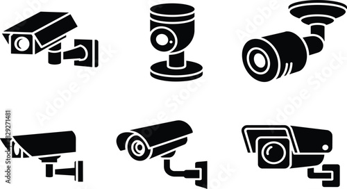 Security Camera and CCTV Silhouette Icons Set; Surveillance, Video Monitoring, Safety, Protection Vector Graphics