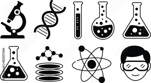 Diverse monochrome icons illustrating scientific instruments, molecular models, and a researcher for education