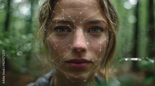 Close up of woman with face tracking technology overlay in a green forest environment outdoors
