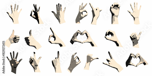 Collection of hand gestures in stylized illustration on white background