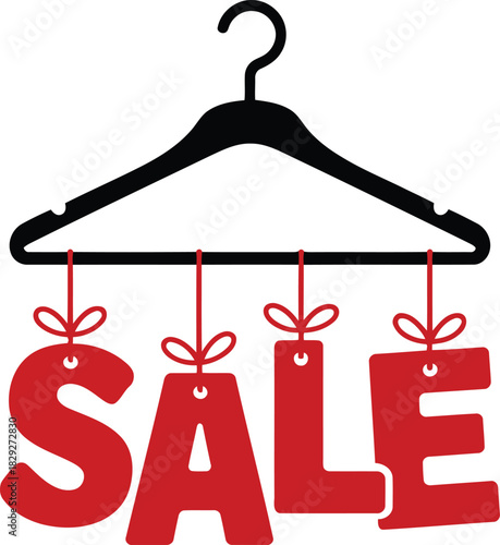 Eye catching black hanger supporting vibrant red SALE tags against a plain white background