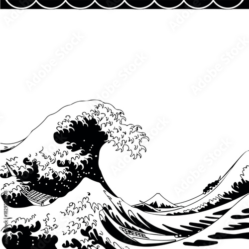 Vector black and white depiction of a great wave with boats and a mountain in the distance art