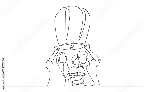 Continuous one line drawing of parents and son releasing sky lantern together, symbolizing hope, celebration, new beginnings, and shared wishes, single line art.