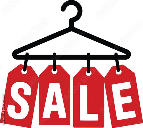 A black clothes hanger displays four bright red price tags spelling out the word SALE on a white background