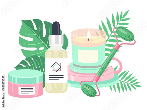 Create a luxurious self-care ritual with jade roller, scented candle, and organic skincare essentials for radiant skin and ultimate relaxation, a modern wellness scene