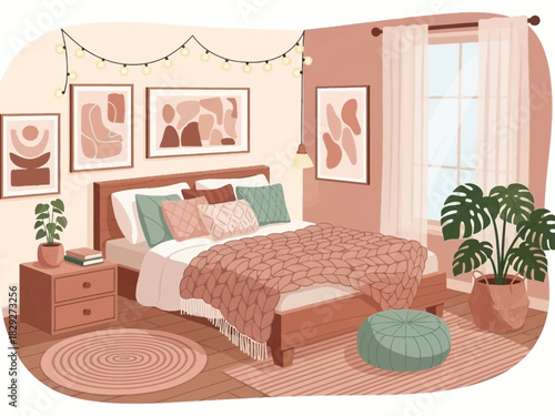 Cozy bedroom retreat with modern art and indoor plants, perfect for relaxation and peaceful dreams, a serene escape for mindful living