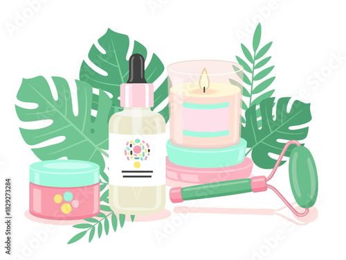 Elevate your self-care routine with this calming set featuring a jade roller, scented candle, and nourishing skin serum for a spa-like experience at home