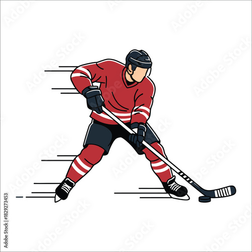 Hockey player in red uniform skating with stick and puck Keywords: hockey, player, ice hockey