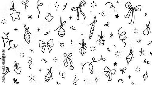Set of handwriting Happy New Year and Merry Christmas decorations. Cute line doodle hand drawn sketch vector illustration black and white