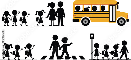 Illustrations of children and adults walking to school, crossing streets, and riding a yellow school bus