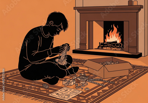 Silhouette of a person carefully assembling a model kit on the floor.