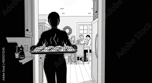 Silhouette of a person carrying a steaming tray of freshly cooked food.