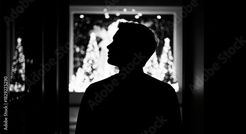 Dark silhouette of a persons head and shoulders in profile.