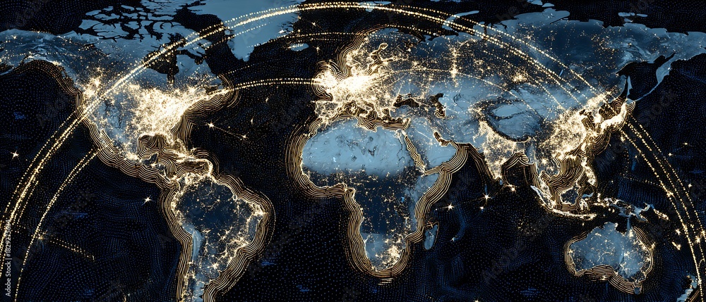 Fototapeta premium global corporate power map, highlighted economic hubs, light rings around major cities