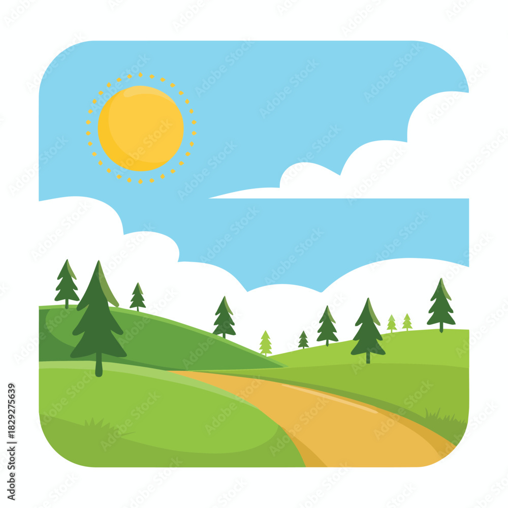 Obraz premium Vector a cartoon landscape with a path winding through green hills under a bright sunny sky above