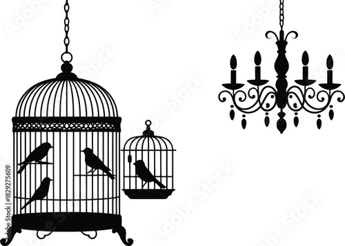 Ornate black silhouette of bird cages containing birds alongside an elegant hanging chandelier
