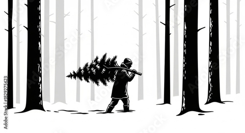 A person in winter clothes carries a freshly cut Christmas tree on their shoulder.