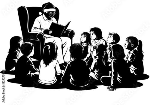 A man in a Santa hat reads a captivating story to a group of attentive children.