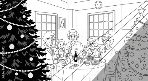 Black and white line art of a multi-generational family Christmas celebration.