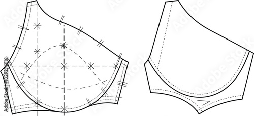 Bra pattern pieces, technical sketch, sewing template, garment construction, fashion design, vector, illustration, stitching, seams,