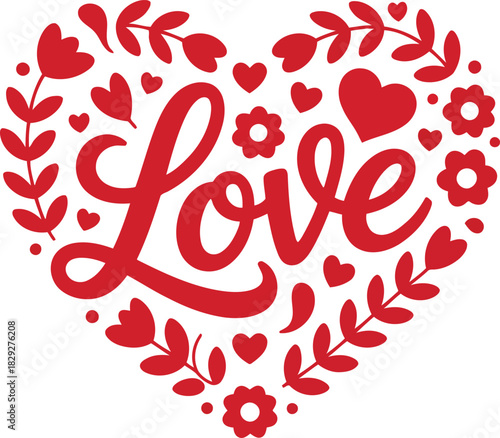 Red hand drawn lettering of the word Love enclosed within a decorative floral heart shape