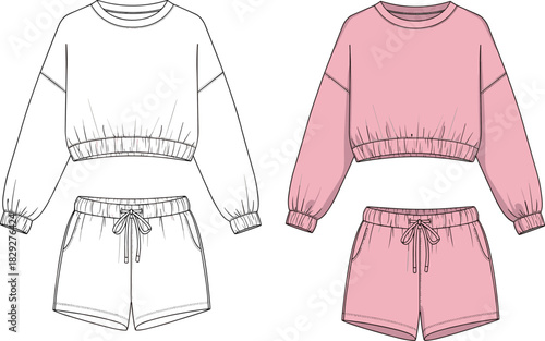 Cropped sweatshirt and shorts set, fashion flat, loungewear vector, drawstring detail, casual outfit, garment sketch, apparel design, silhouette, CAD, illustration