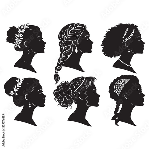 Elegant women's profile silhouettes with diverse hairstyles and ornaments set Vector