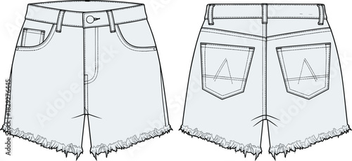 Denim shorts technical sketch, high waist, frayed hem, curved pockets, back stitch detail, cad drawing flat vector illustration