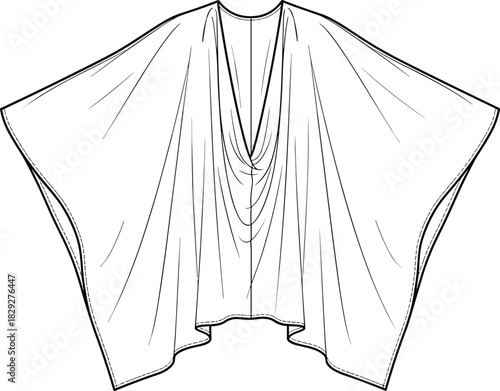 Draped garment, poncho, cape style, technical sketch, fashion illustration, cowl neckline, vector, apparel, garment, construction, 