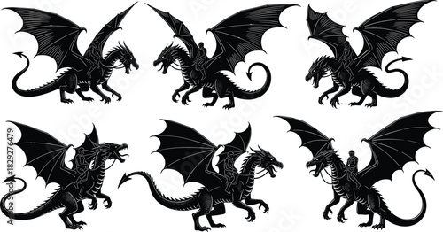 Fantasy dragon rider illustration, flying dragons, armored warriors, mythical beasts, battle poses, cad drawing flat vector illustration