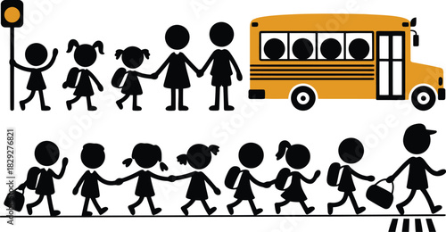 Silhouettes of children walking to school with adults near a school bus and a pedestrian signal