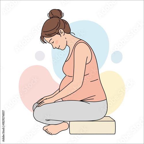 Pregnant Woman Sitting Meditating with Soft Circles Background yoga