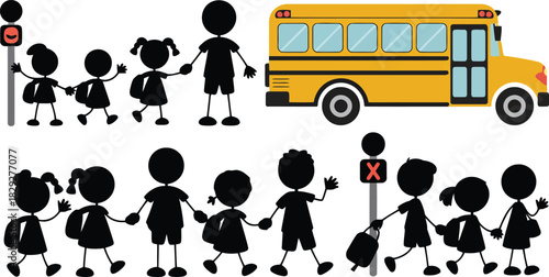 Silhouettes show children walking with adults and near a school bus, alongside various pedestrian crossing signals