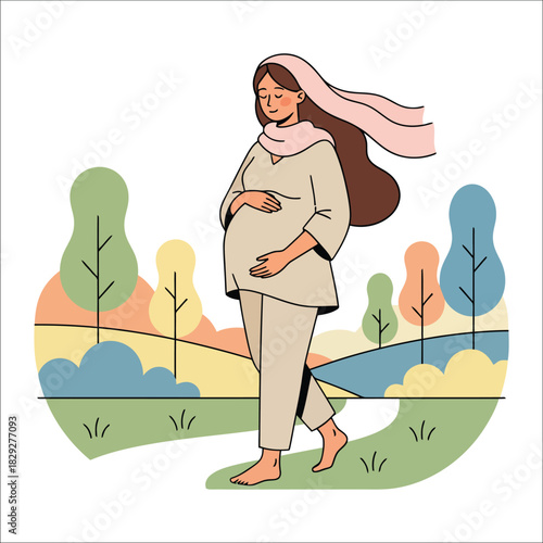 Pregnant woman walking in a park with trees and hills nature