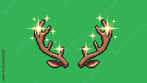 Sparkling pixel art deer antlers on a vibrant green background, featuring golden star effects.