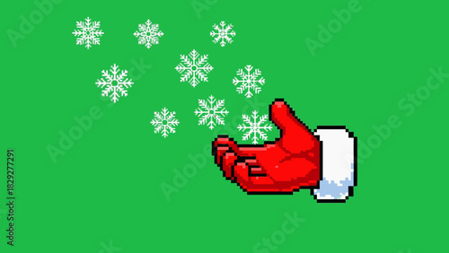 A pixel art red gloved hand catching or releasing white snowflakes on a vibrant green background.