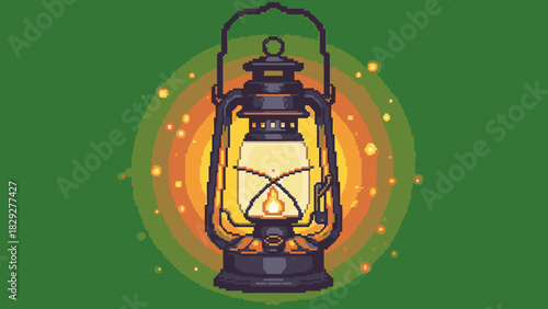 Pixel art illustration of a vintage oil lantern with a warm glowing light against a solid green background.