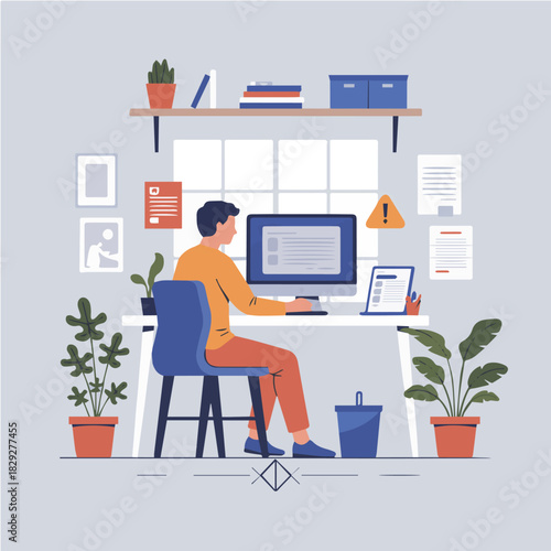Vector illustration of a man working on a computer at a desk in a room with plants and decor