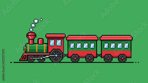 A pixel art illustration of a red and green steam train with two passenger cars on a track against a solid green background.