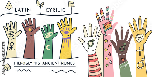 Diverse Hand Prints: A visual celebration of global cultures and languages, presenting a creative display of unique hand illustrations.