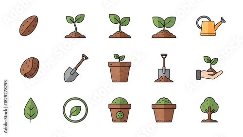 Seedling Growth and Gardening Icons From Planting to Tree Formation