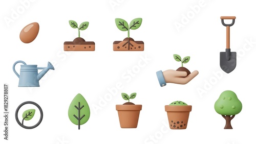 A charming 3D icon set illustrating the complete life cycle of a plant, from a tiny seed to a full-grown tree, with essential gardening tools
