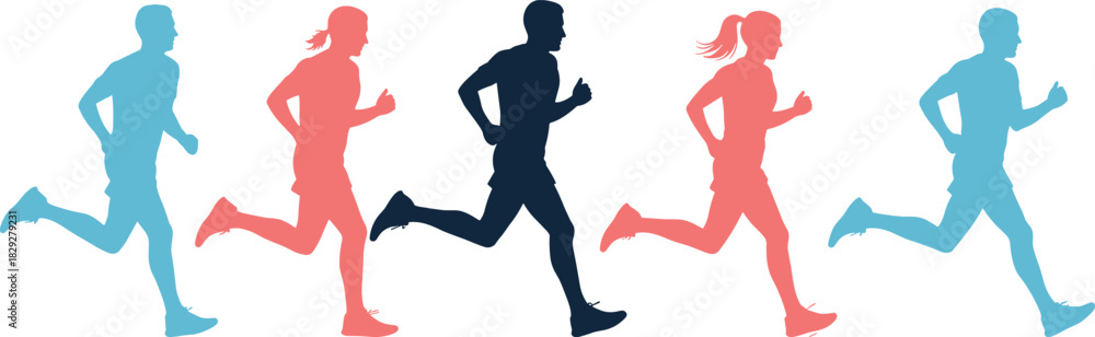 Obraz premium Group of colorful running people silhouettes men and women jogging marathon race sport background cad drawing flat vector illustration