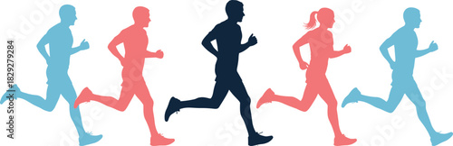 Group of running people silhouettes men and women jogging marathon race sport background cad drawing flat vector illustration